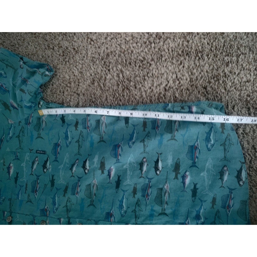 Eddie‎ Bauer Shirt Men's Large Teal Allover Fish Print Cotton Short Sleeve - Picture 5 of 6